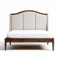 Cama de casal em madeira escura com cabeceira estofada 200 x 160 x 100cm