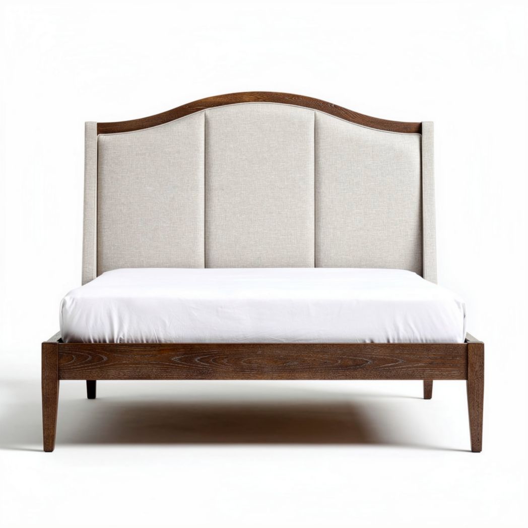 Cama de casal em madeira escura com cabeceira estofada 200 x 160 x 100cm
