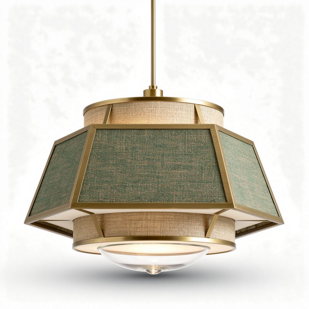 Luminária de teto em metal dourado e tecido verde 20 x 20 x 25cm