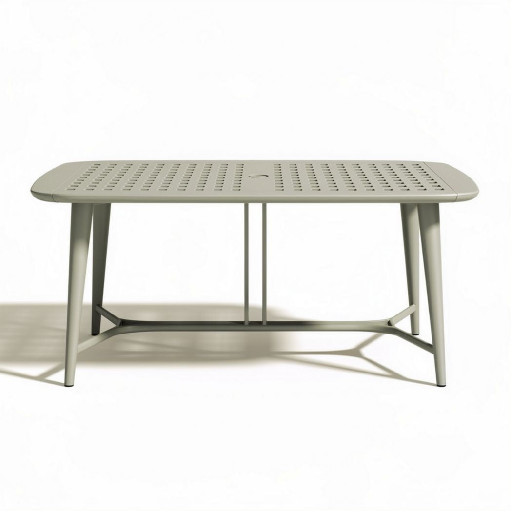 Mesa retangular de alumínio cinza com furo para guarda-sol 150 x 90 x 75cm