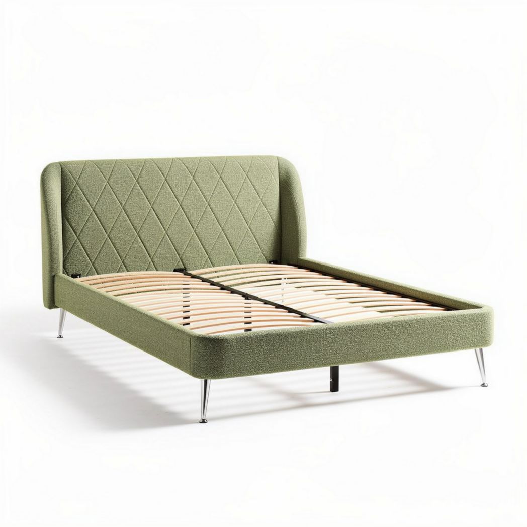 Cama de casal com estrutura de madeira e estofado em tecido verde 200 x 150 x 40cm