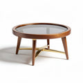 Mesa de centro redonda de madeira com tampo de vidro 80 x 80 x 40cm