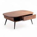 Mesa de centro ovalada em madeira de nogueira com gaveta 120 x 80 x 40cm