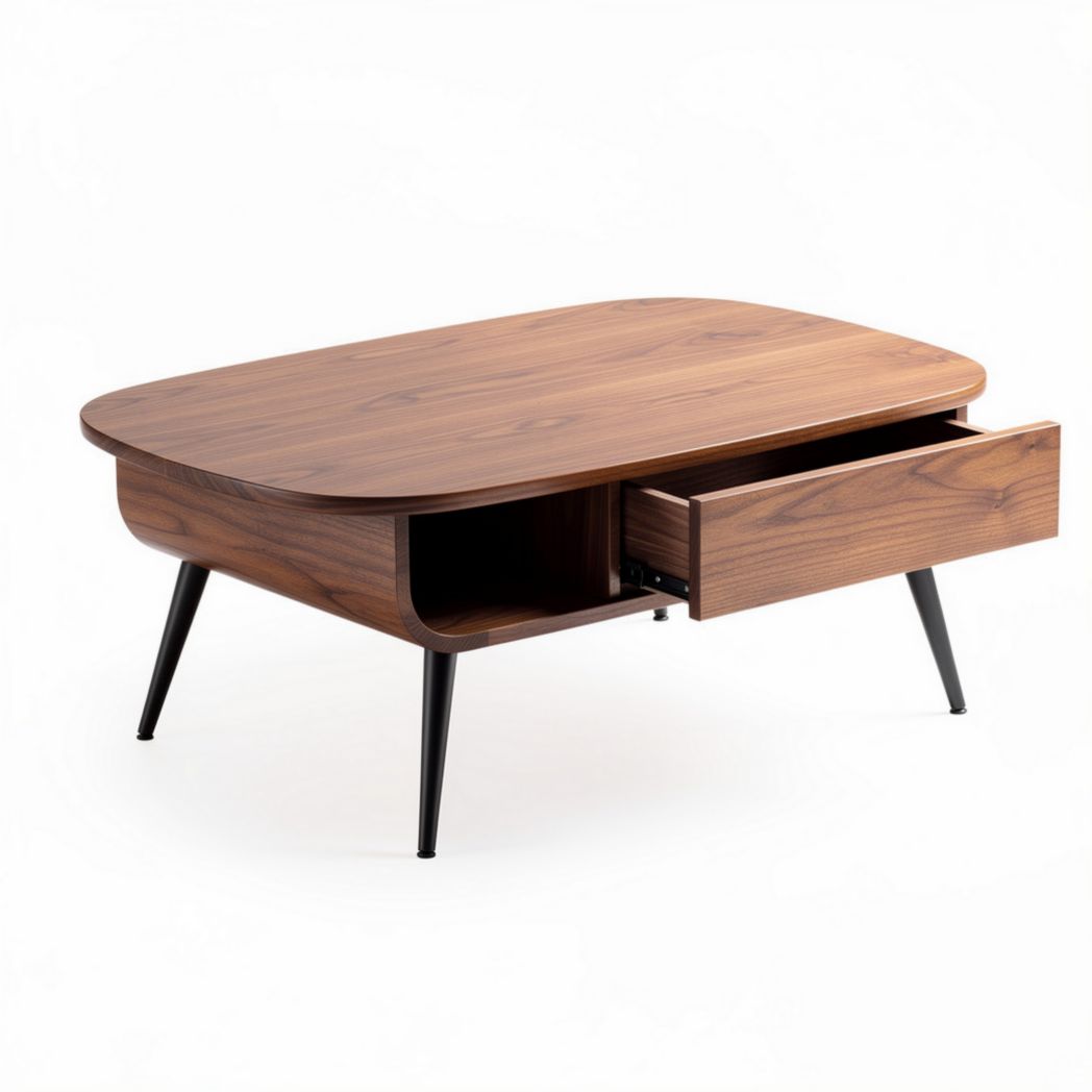 Mesa de centro ovalada em madeira de nogueira com gaveta 120 x 80 x 40cm