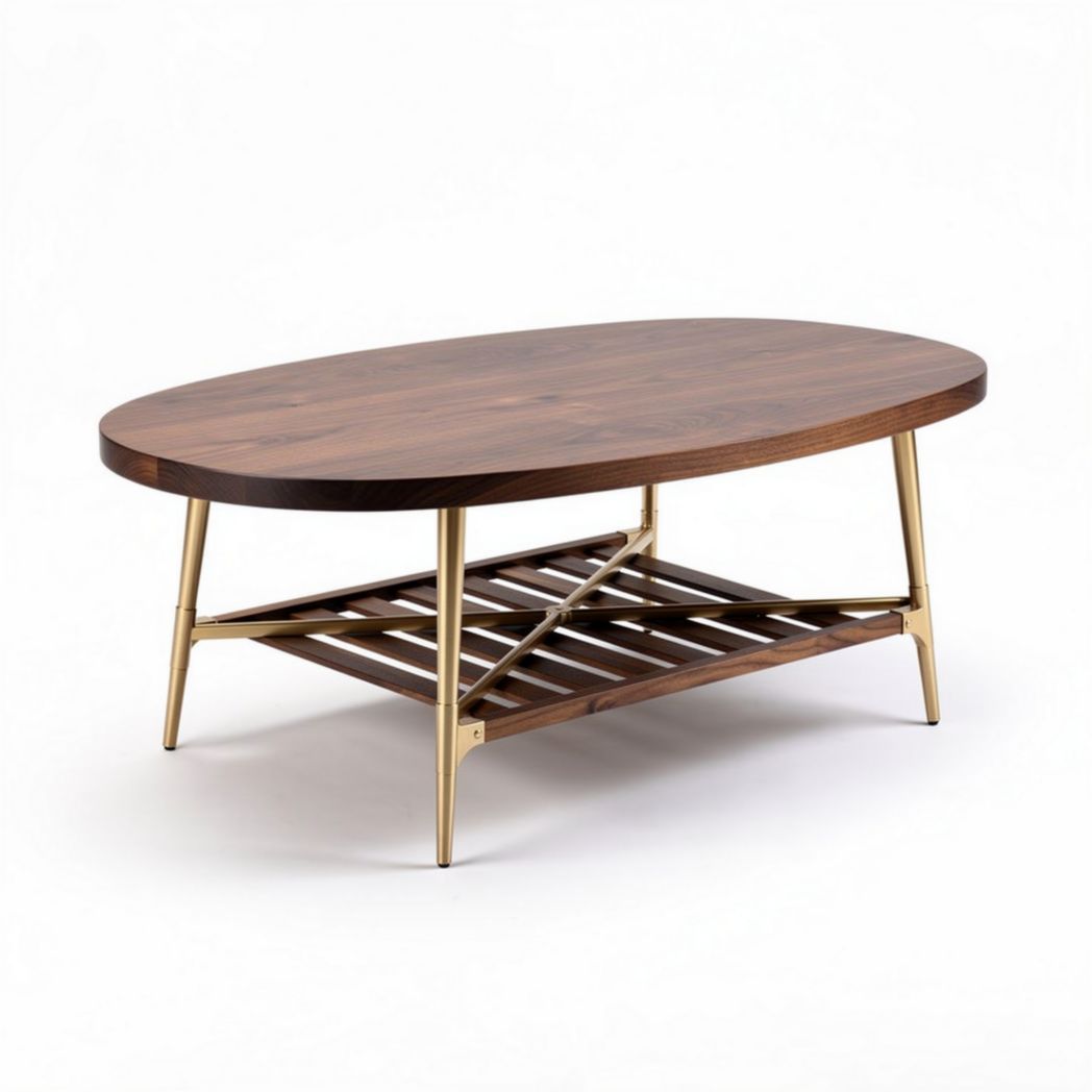 mesa de centro ovalada em madeira escura com estrutura metálica dourada 120 x 60 x 45cm